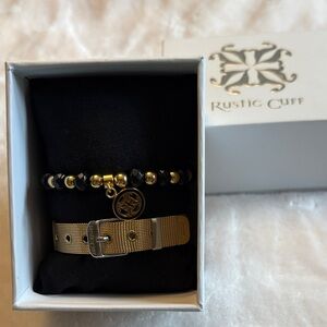 Rustic Cuff Black and Gold Charm Bracelet Duo